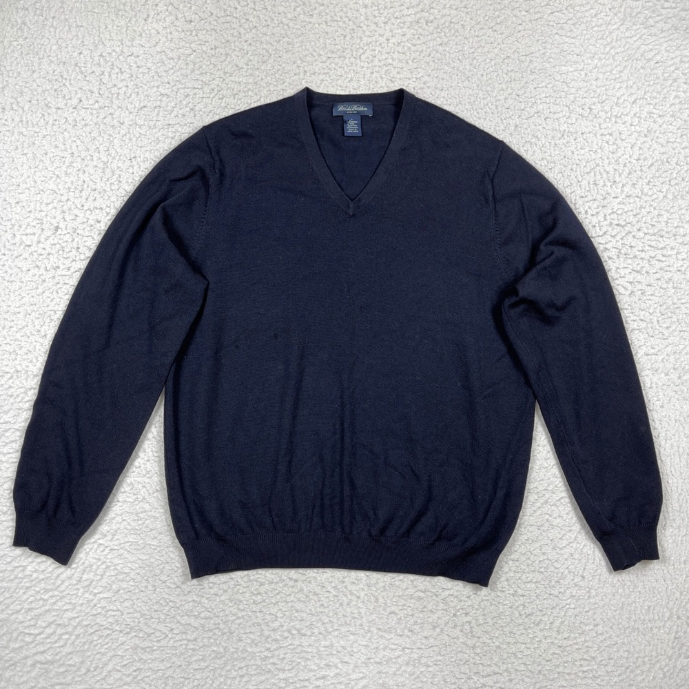 Brooks Brothers Sweater Mens L Navy Merino Wool V Neck Stretch Preppy Classic